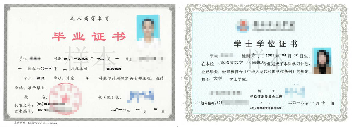 山東成人教育(自考、成考、網教和開放大學)畢業證書與學位證書樣本