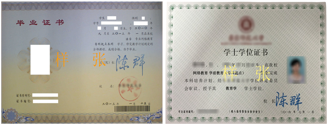 山東成人教育(自考、成考、網教和開放大學)畢業證書與學位證書樣本